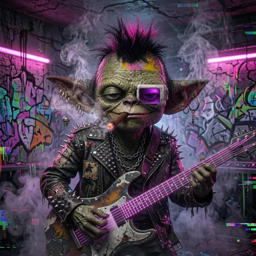 Punk gremlin shredding an electric guitar