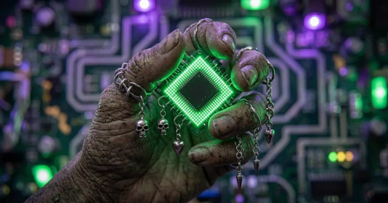Gremlin hand holding a glowing chip
